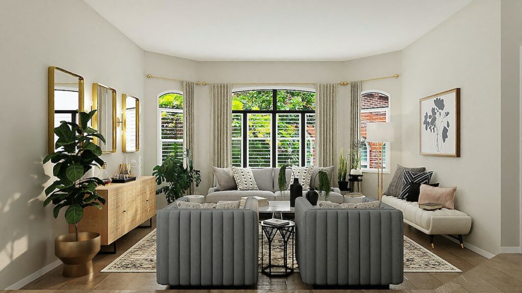 gray, white and cream living room with textural elements